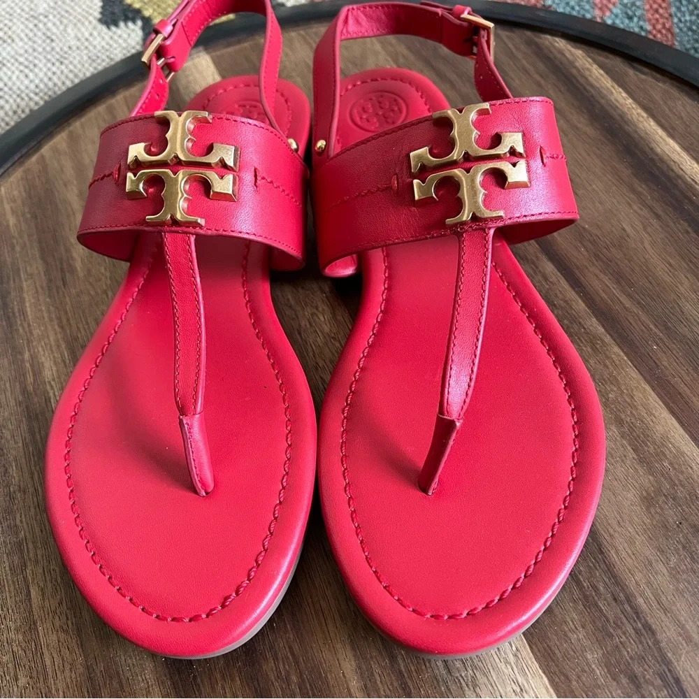 Tory Burch Eleanor T-Strap Sandals Red Leather US7